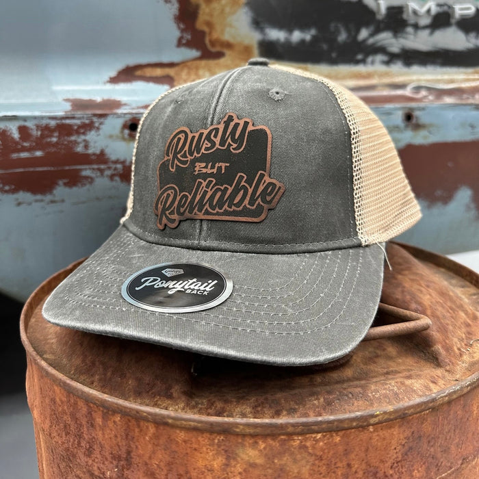 Leather Rusty But Reliable Patch Pony Tail Hat (Women’s Fit) Gray