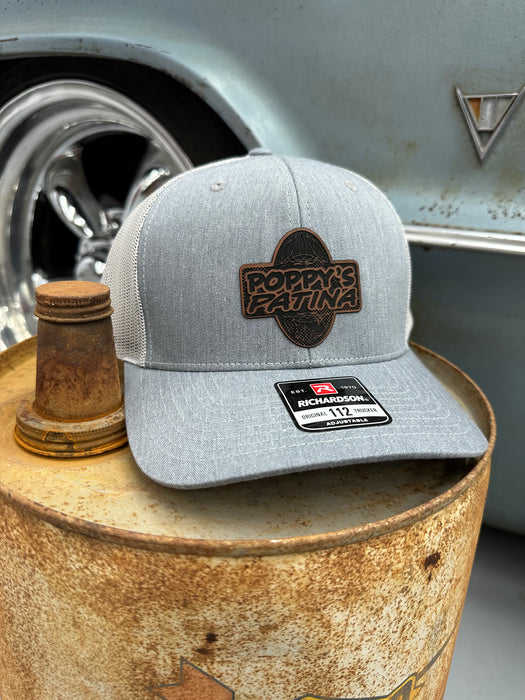 Leather Poppy’s Patina Patch Adjustable Trucker Hat (Richardson 112) Light Gray/White