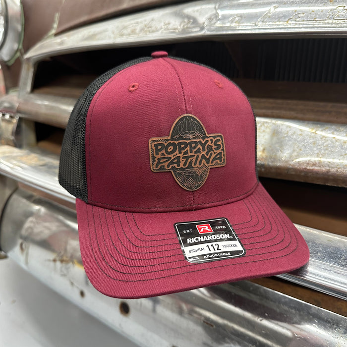 Leather Poppy’s Patina Patch Adjustable Trucker Hat (Richardson 112) Cardinal Red/Black