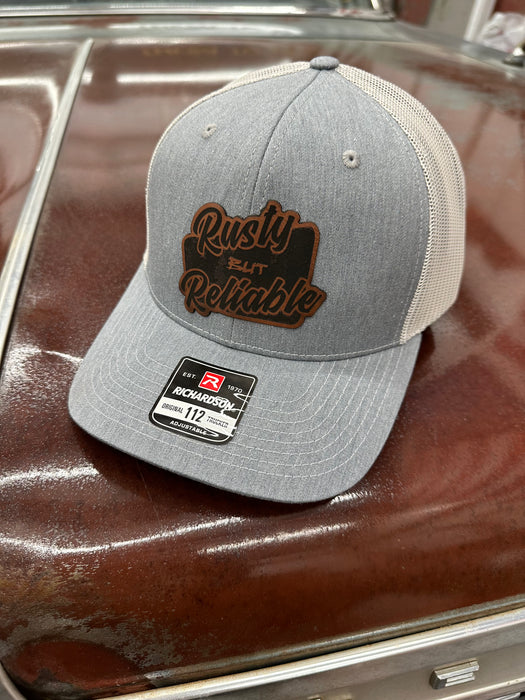 Leather Rusty But Reliable Patch Adjustable Trucker Hat (Richardson 112) Light Grey/White