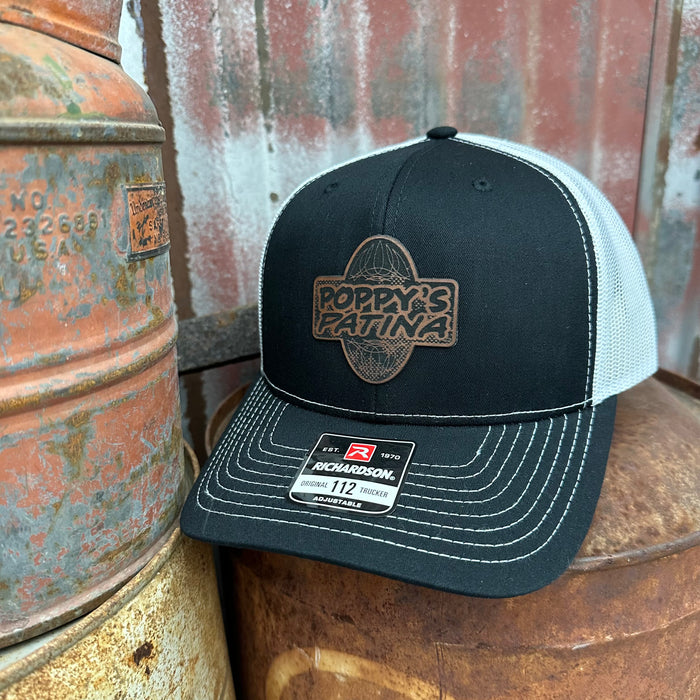Leather Poppy’s Patina Patch Adjustable Trucker Hat (Richardson 112) Black/White