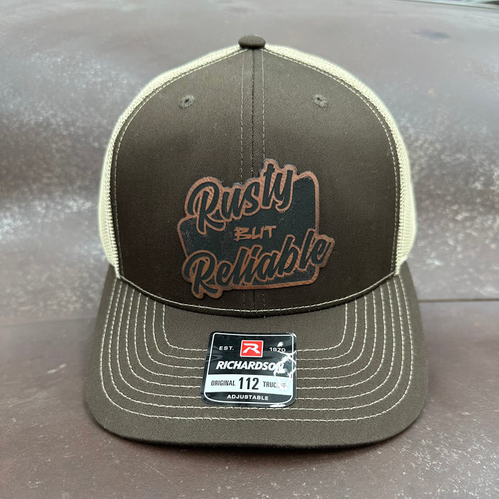 Leather Rusty but Reliable Patch Adjustable Trucker Hat (Richardson 112) Brown/Khaki