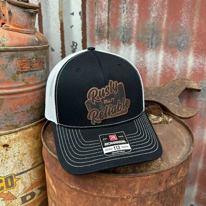 Leather Rusty But Reliable Adjustable Trucker Hat (Richardson 112) Black/white