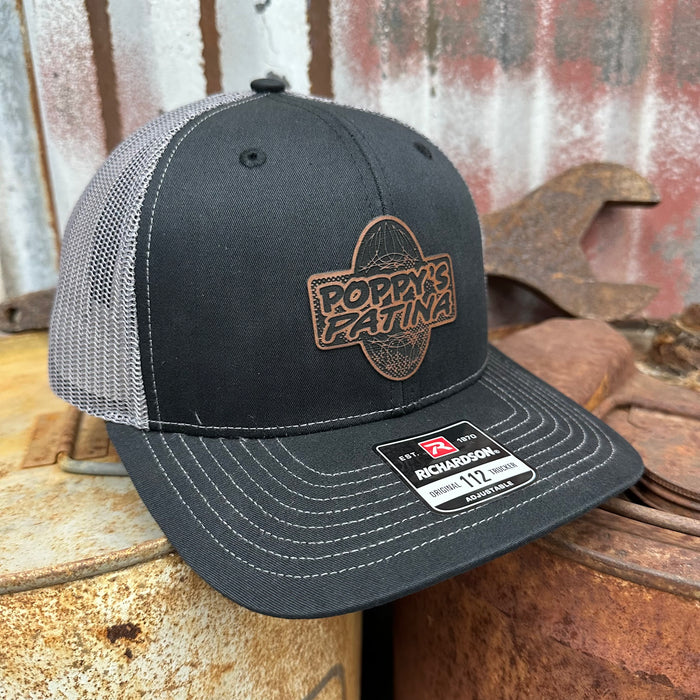 Leather Poppy’s Patina Patch Adjustable Trucker Hat (Richardson 112) Black/Dark Gray