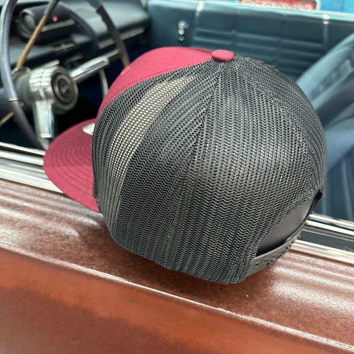 Leather Rusty But Reliable Patch Adjustable Trucker Hat (Richardson 112) Cardinal Red/Black