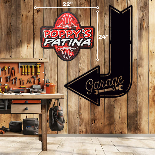 Poppy’s Patina Embossed Metal Shop Sign – Aluminum Logo Plaque