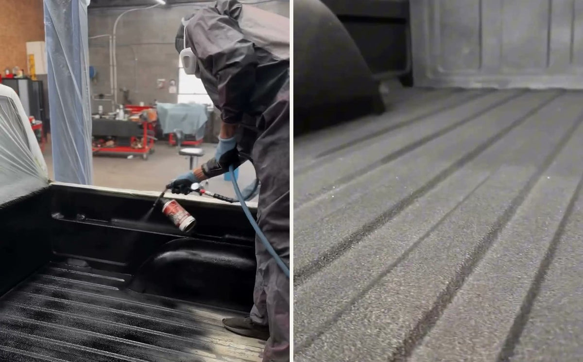 Left: spraying black truck bed liner into a truck bed. Right: the finished textured bed liner