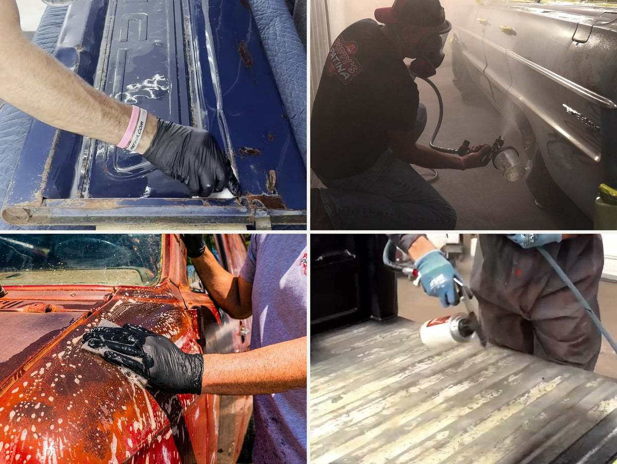 Real Poppy's Patina application work: wiping on clear coat, spraying clear coat, prepping a red patina van and spraying truck bed liner