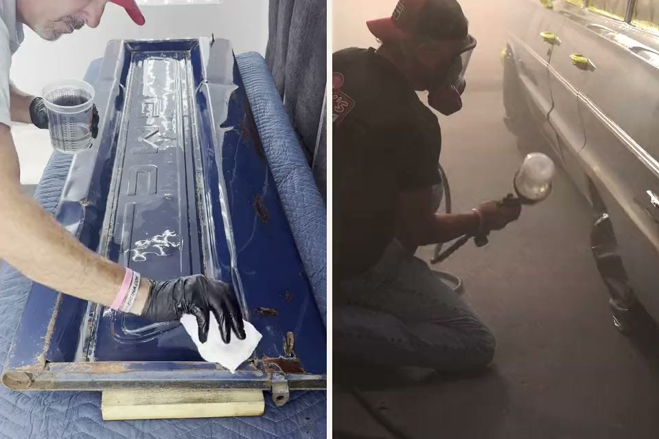 Left: a gloved hand wiping Poppy's Wipe-On Clear Coat onto a blue patina tailgate. Right: a painter spraying clear coat onto a patina wagon