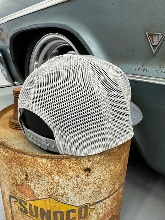 Leather Poppy’s Patina Patch Adjustable Trucker Hat (Richardson 112) Light Gray/White