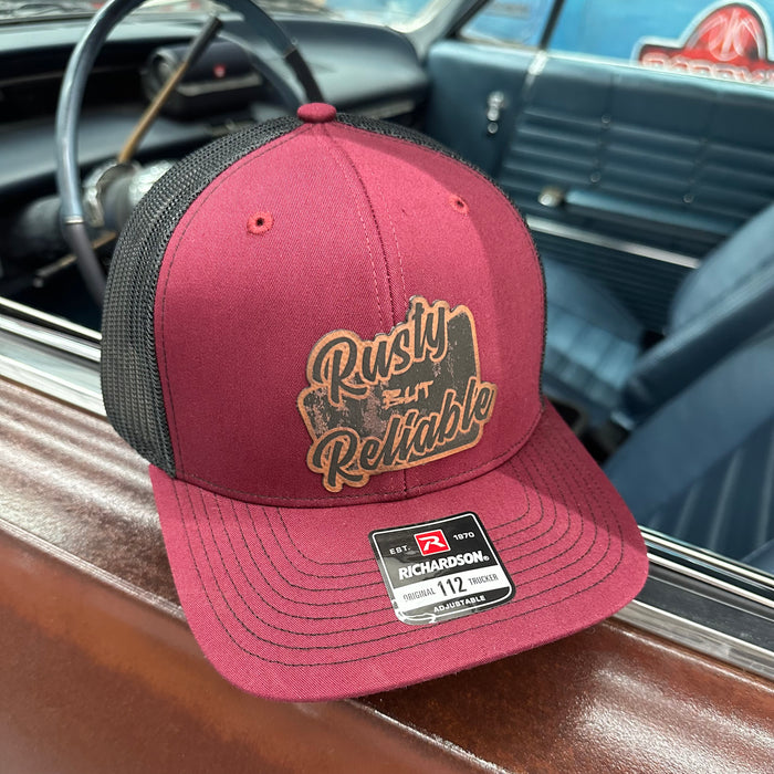 Leather Rusty But Reliable Patch Adjustable Trucker Hat (Richardson 112) Cardinal Red/Black