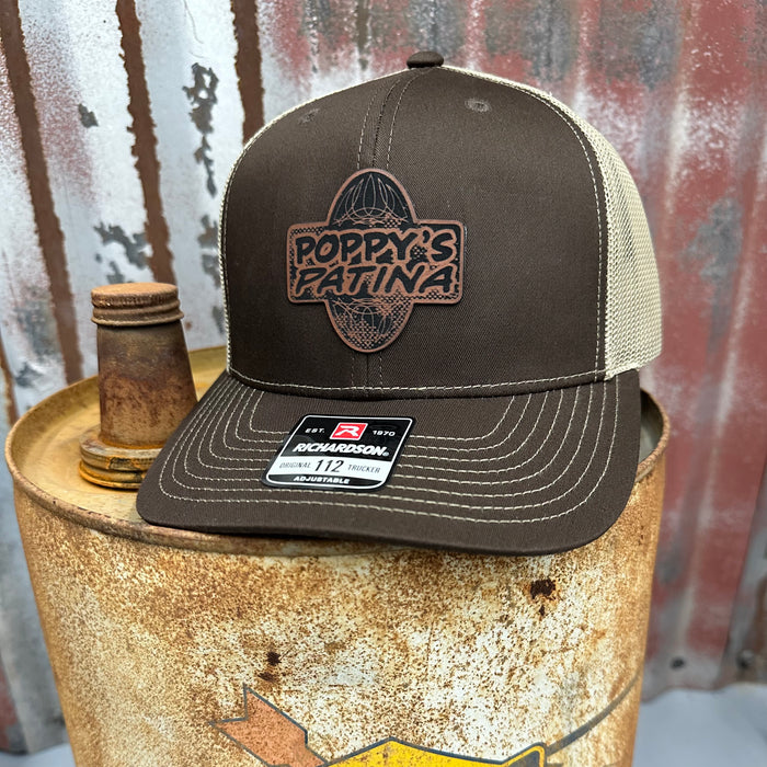 Leather Poppy’s Patina Patch Adjustable Trucker Hat (Richardson 112) Brown/Khaki